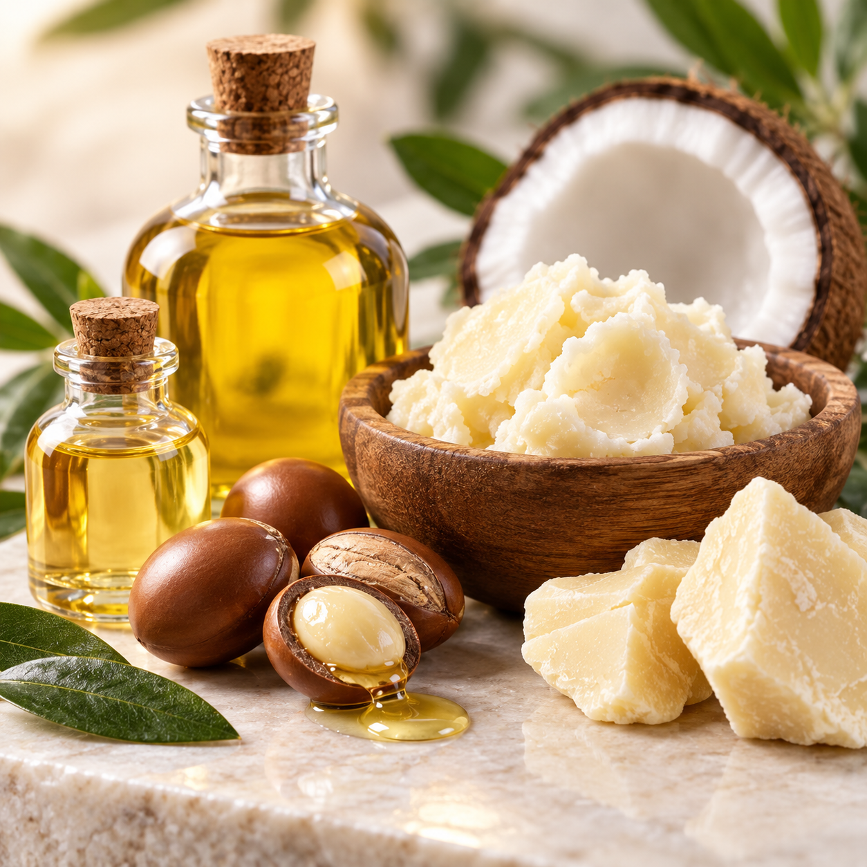 Coconut oil, shea butter, and cocoa butter in bowls and bottles, with whole and cracked cocoa nuts, on a marble surface surrounded by green leaves.