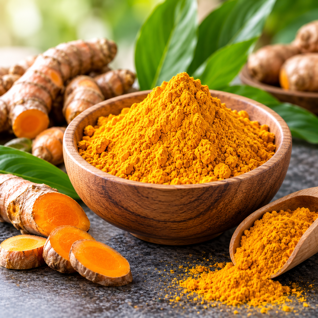 A wooden bowl filled with bright yellow turmeric powder, with fresh turmeric root and sliced turmeric surrounding it on a textured surface, and green leaves in the background.