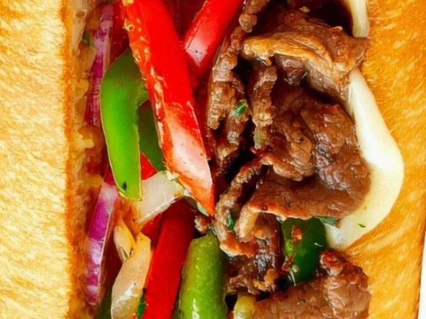 Close-up of a beef and vegetable sandwich with onions, peppers, and possibly mayonnaise in a toasted bun.