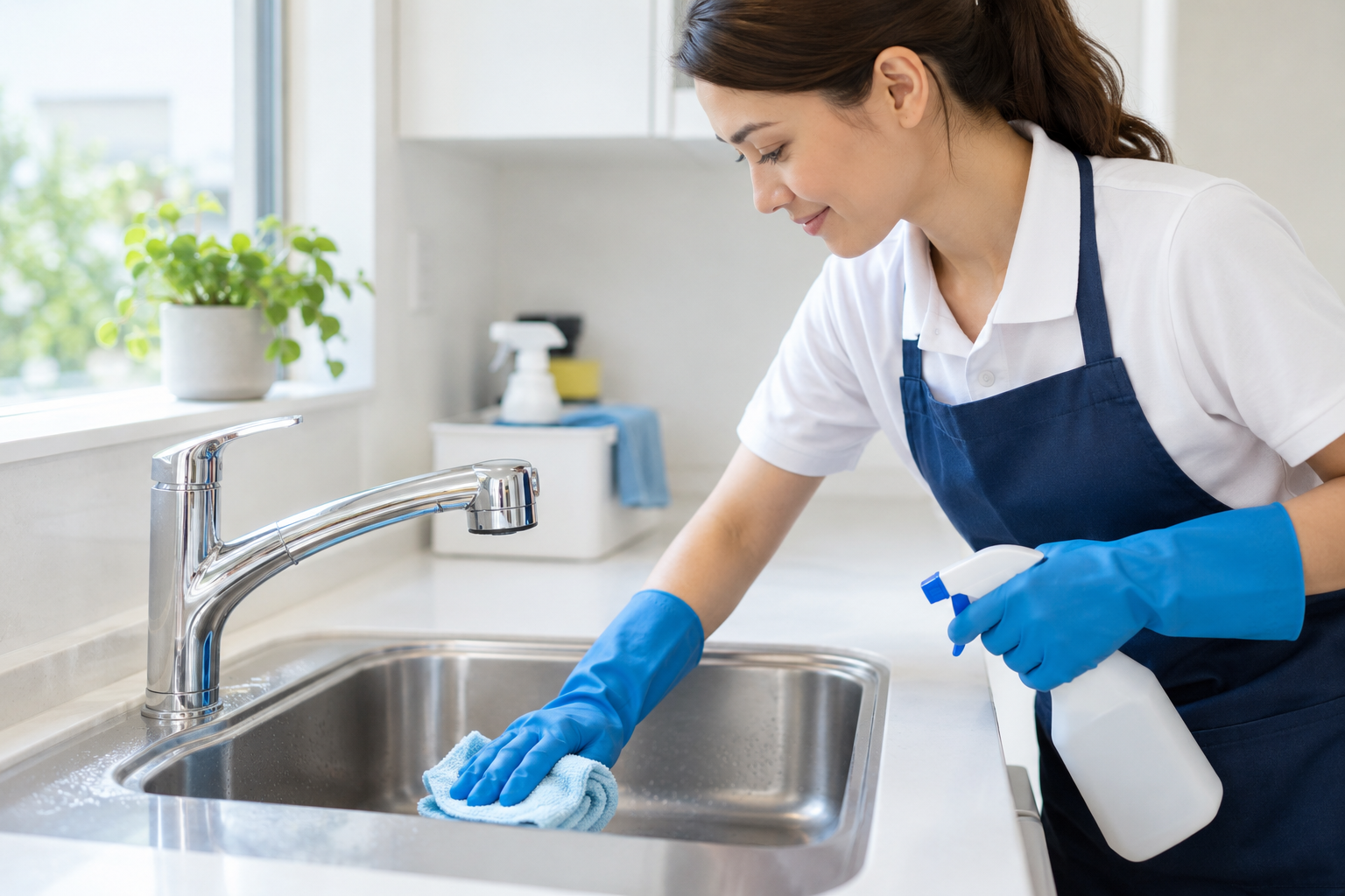 Woman cleaning a kitchen sink wearing blue gloves, holding a spray bottle, and wiping the sink with a cloth.