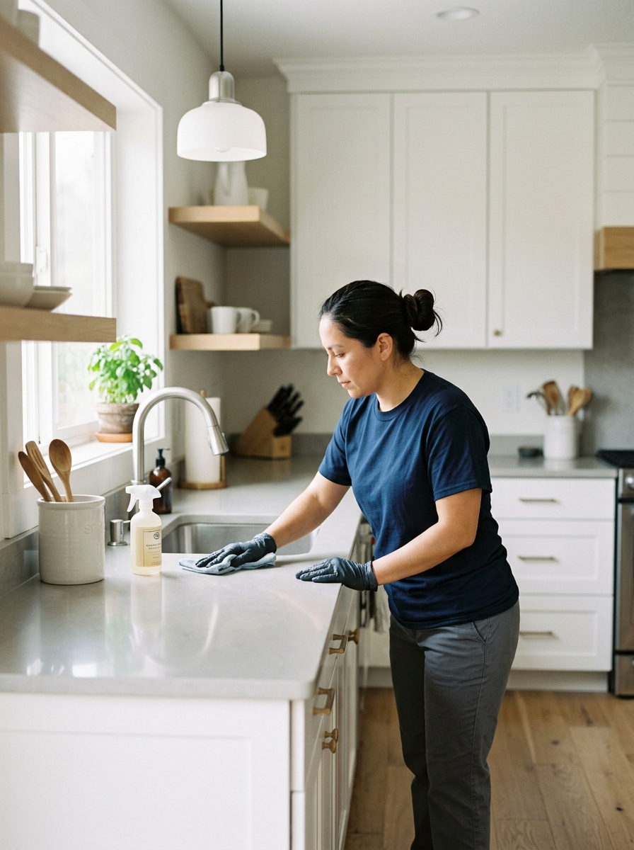 Woman cleaning the kitchen countertop with a cloth, wearing gloves.