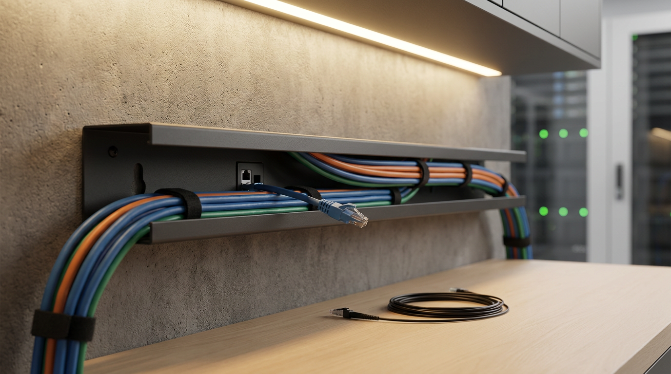 Close-up view of a network patch panel with multiple colorful Ethernet cables connected, mounted on a wall, with a wooden desk in front and server racks in the background.