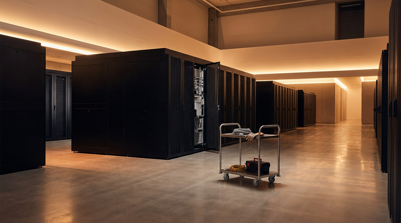 Data center with black server racks, some open revealing hardware, and a janitorial cart with cleaning supplies in a modern, well-lit space.