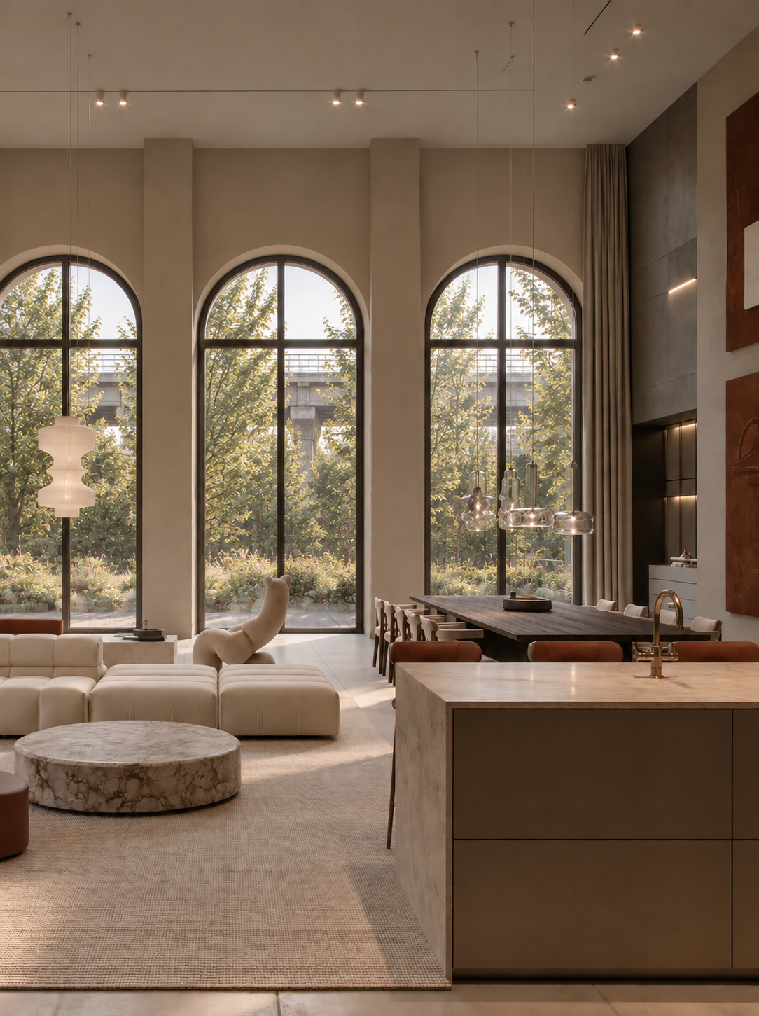 Ein modern eingerichteter Raum mit großen, arched Fenstern, natürlichen Farben, Sofas, einem großen Esstisch, einer Kücheninsel mit Spüle und dekorativen Beleuchtungen.
