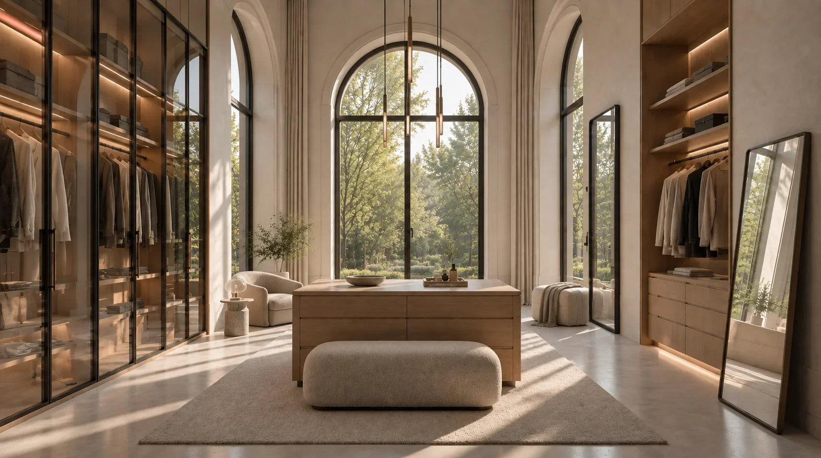 Ein elegantes Schlafzimmer mit großen Fenstern, minimalistischem Design und einer Wohlfühlatmosphäre.