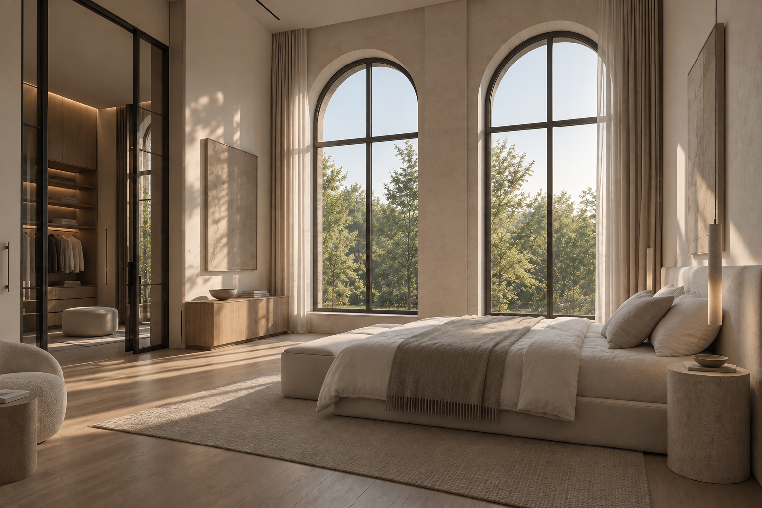 Ein helles, modern eingerichtetes Schlafzimmer mit großen arched Fenstern, weißen Vorhängen und minimalistischer Dekoration. Es gibt ein Bett, einen Nachttisch, eine Sitzecke und einen Blick auf einen grünen Baum.