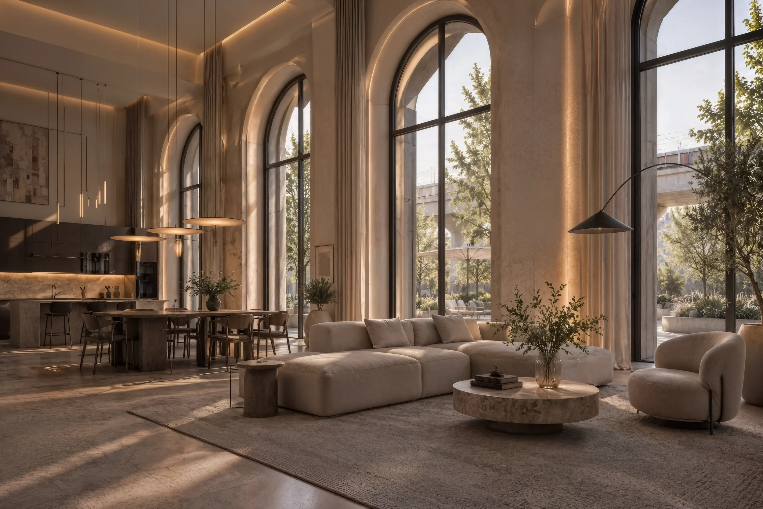Ein elegantes Wohnzimmer mit großen Fenstern, beigem Sofa, Couchtisch, Pflanzen und moderner Beleuchtung.