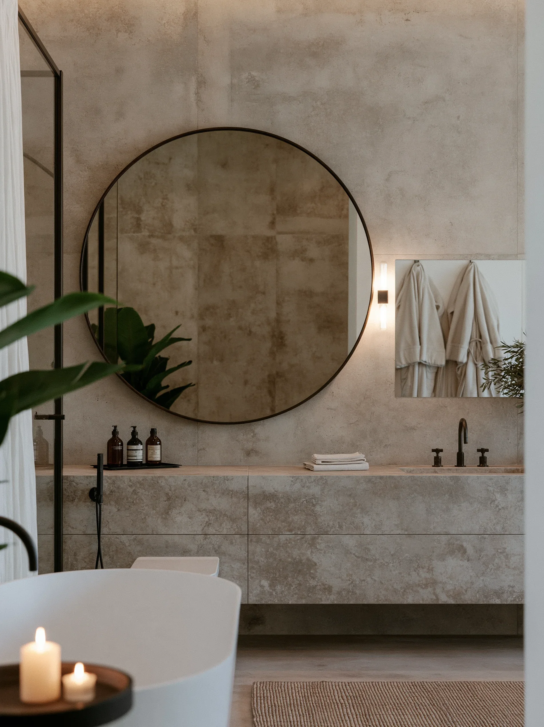 Ein Badezimmer mit Waschbecken, großen runden Spiegel, Handtüchern, Kerzen, Pflanzen und verschiedenen Pflegeprodukten.