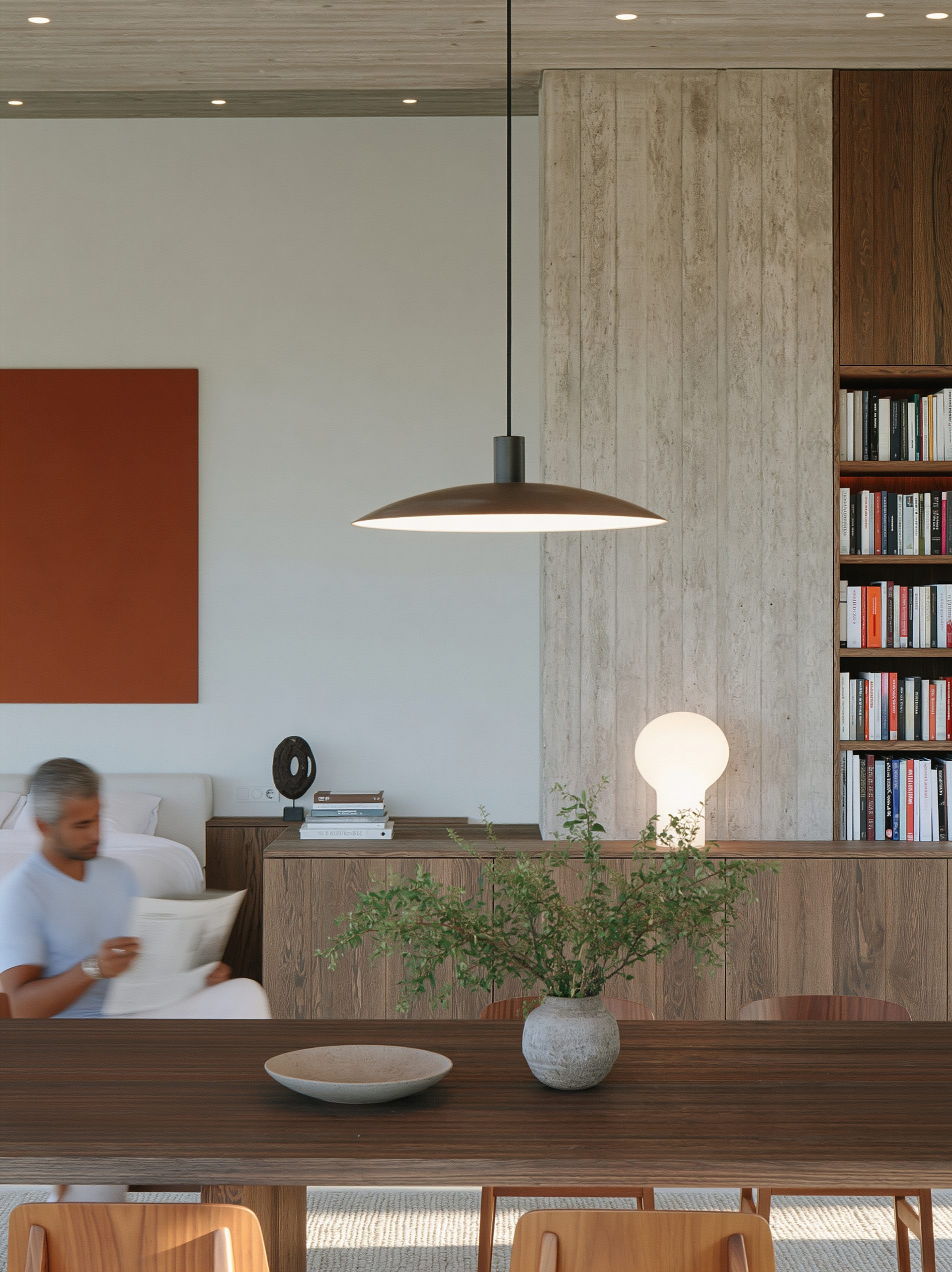 Ein modernes Wohnzimmer mit einem hängenden schwarzen Licht, einer Bücherregalwand, Dekorationsgegenständen auf einem Holzschrank, einem weißen Sessel, einer Person, die im Vordergrund sitzt, und einer Pflanze in einer Vase auf einem Tisch.