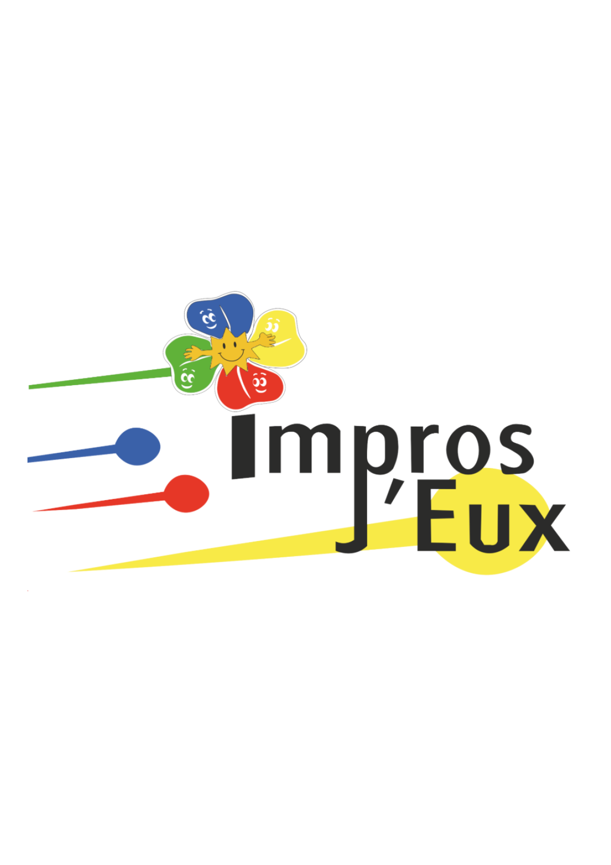 Logo coloré avec une illustration de plusieurs petits bonhommes représentant des bulles, et le texte "Impros J'Jeux" en noir, avec un fond blanc.