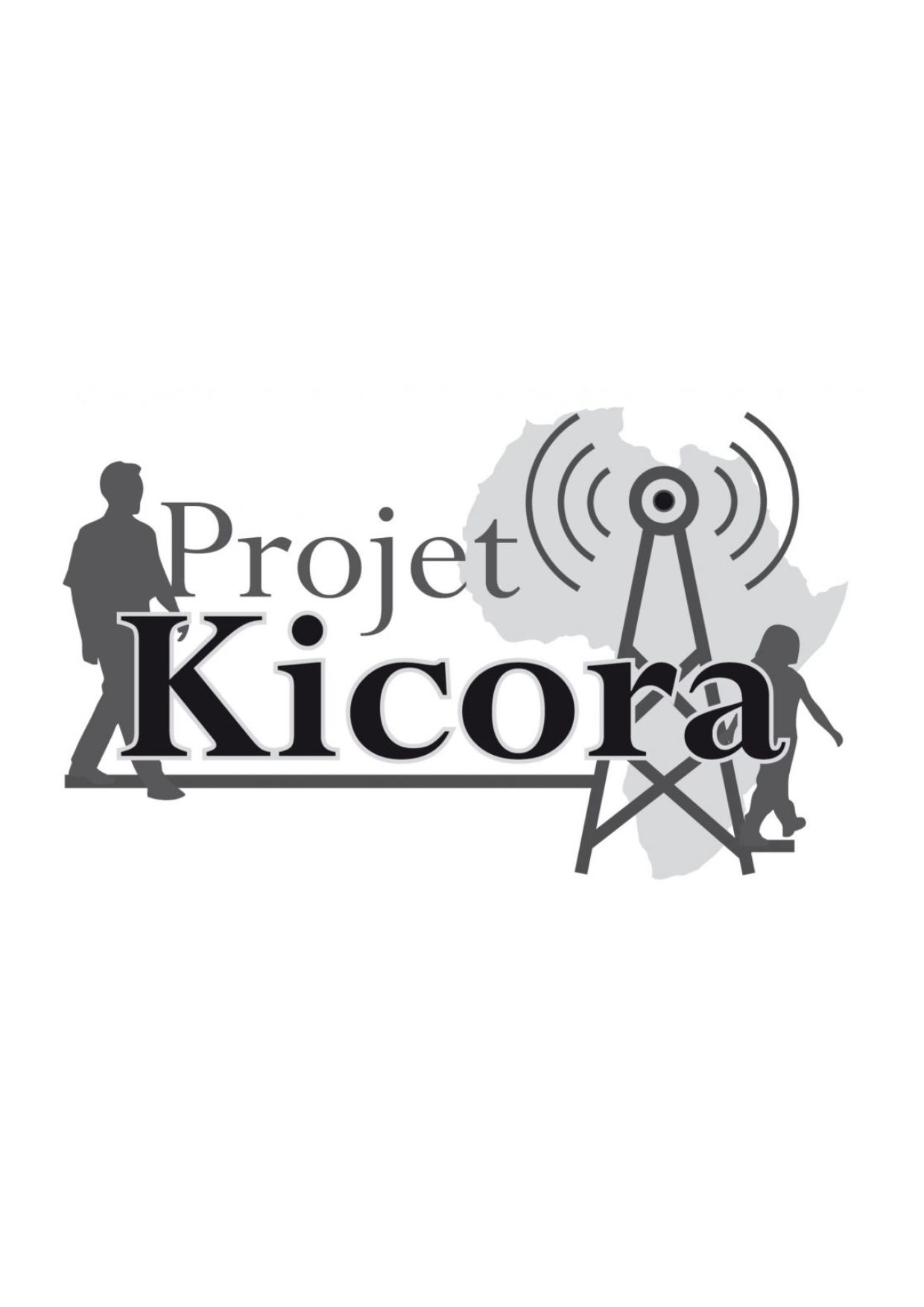 Logo du projet Kicora avec silhouettes d'enfants, une tour de transmission et un fond du continent africain en gris.