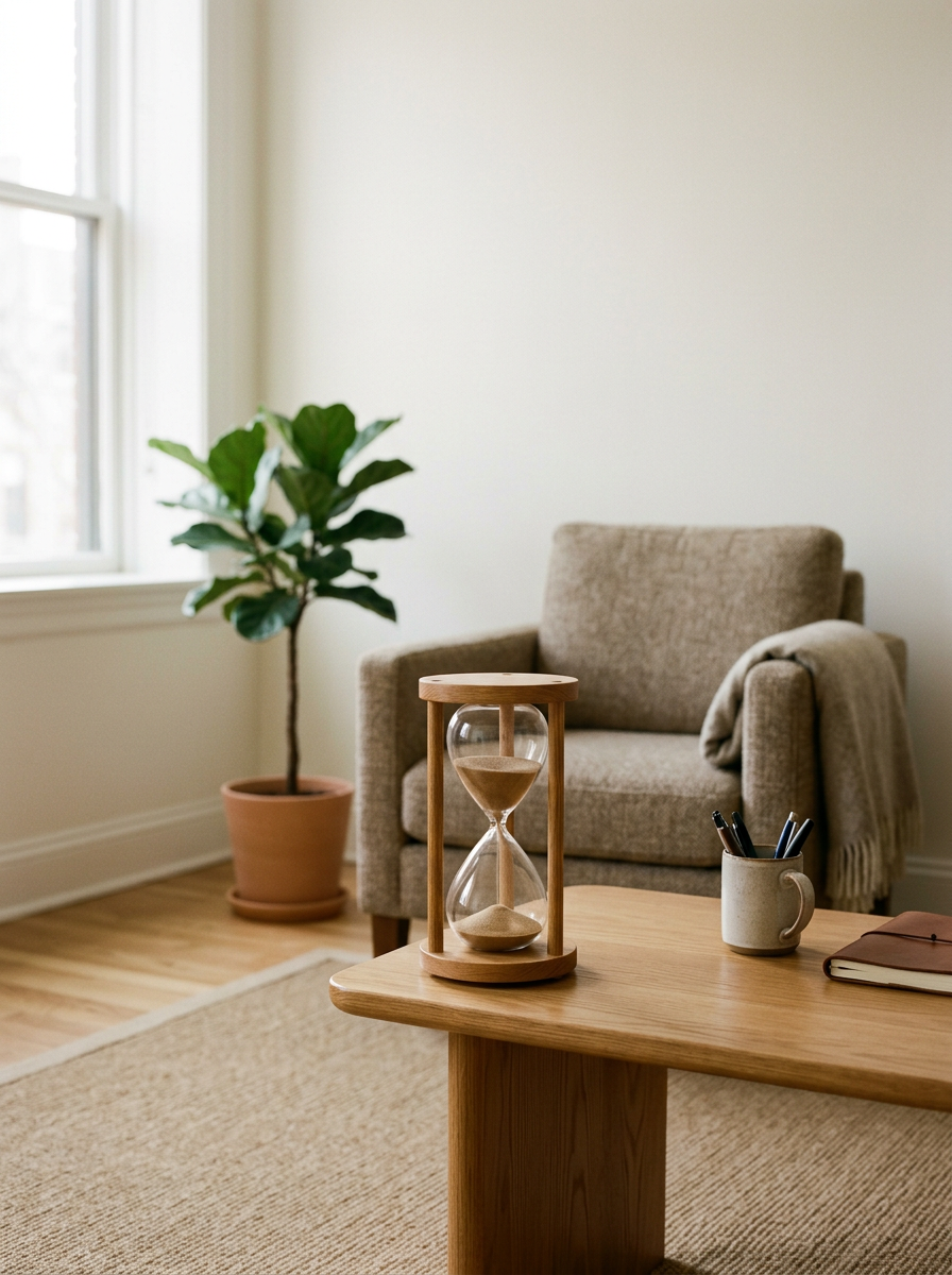 Living room with a beige armchair, a potted plant, a wooden coffee table with an hourglass, a mug holding pens, and a closed notebook.
