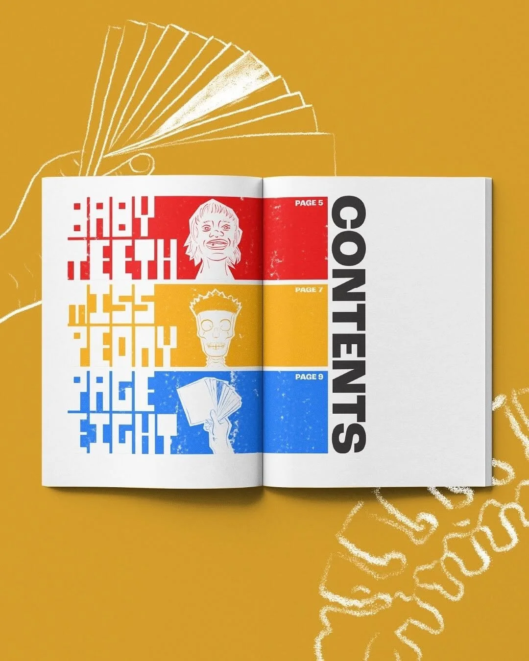 Open booklet featuring sections labeled 'STYLIST', 'STUDENT', and 'TEACHER' with corresponding illustrations of a face, a skull, and a hand holding a fan, on a yellow background with white chalk-like drawings.