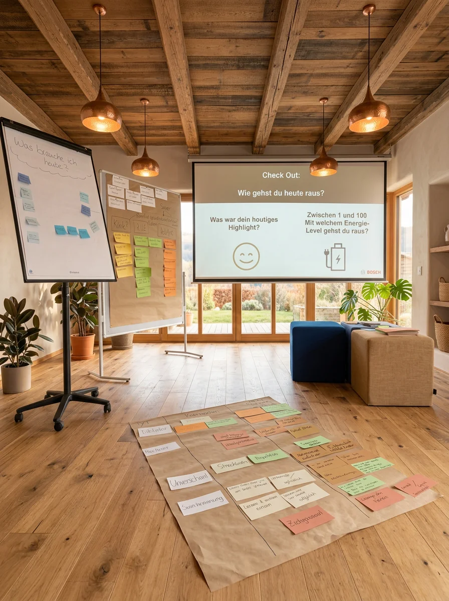 Ein Raum mit Holzbalkendecke und Fenstern im Hintergrund, ausgestattet mit Pflanzen, Flipcharts mit Post-its, einem Projektionsschirm mit einem Präsentationstext und einem Boden mit beschrifteten Papieren. Der Raum scheint für ein Workshop oder eine Präsentation vorbereitet zu sein.