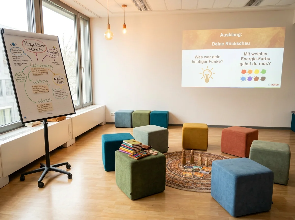 Ein gemütlicher Seminarraum mit bunten Sitzwürfeln in Kreisform, einem Wandprojektor mit Präsentation, einem Flipchart mit Skizzen und Text, großen Fenstern, Parkettboden und warmem Licht. Auf der Projektion steht, dass es um Reflexion und Energie-Farben geht.