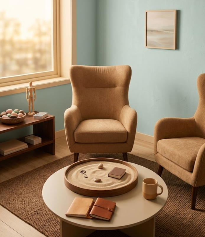 Gemütliches Wohnzimmer mit zwei bequemen beige Sessel, einem runden weißen Couchtisch, einem Regal mit Büchern und Deko-Objekten, Himmelbett, Wandbild und Fenster.