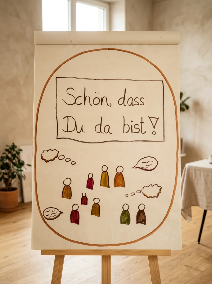 Ein Whiteboard mit handgezeichnetem Text "Schön, dass Du da bist!" und bunten Figuren sowie Wolken und Blättern.