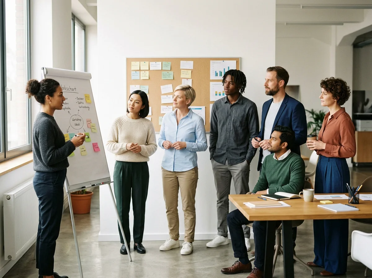 Eine Gruppe von sechs Menschen, die einem Frau bei einer Präsentation oder Diskussion zuhören, vor einem Whiteboard mit Notizen und Diagrammen in einem modernen Büro.