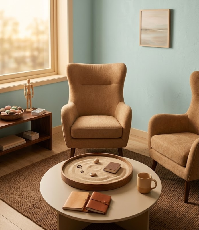 Gemütliches Wohnzimmer mit zwei beigen Ohrensesseln, einem runden weißen Couchtisch mit Notizbüchern, Tasse und Deko-Objekten, einem Fenster mit Sonnenlicht, einem kleinen Regal mit Büchern, einer Wanddekoration und einer Wandmalerei.