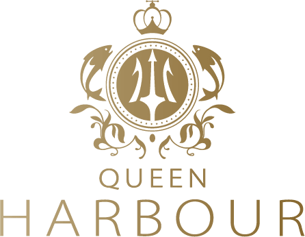 A logo featuring a crown, a circular emblem with a stylized letter 'Q' and arrows pointing upward, surrounded by decorative flourishes, with the words 'Queen Harbour' beneath.