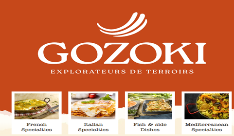 Gozoku logo with the tagline 'Explorateurs de Terroirs' and images showcasing French, Italian, fish & side dishes, and Mediterranean cuisines.