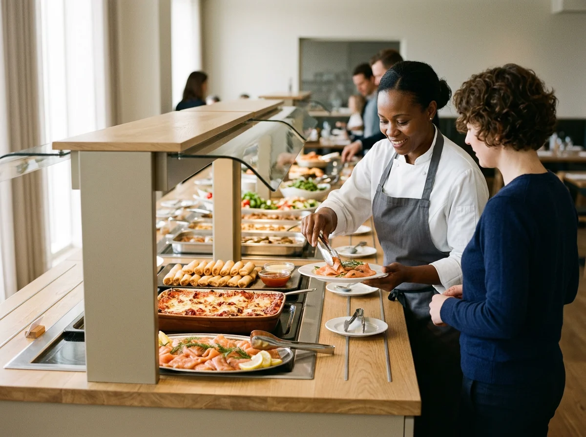 People at a buffet table serving themselves food, including a pizza, salmon, and various side dishes.