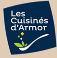 Logo for Les Cuisinés d'Armor with a dark blue background, white stylized text, and a small green and yellow icon of a leaf and spoon.