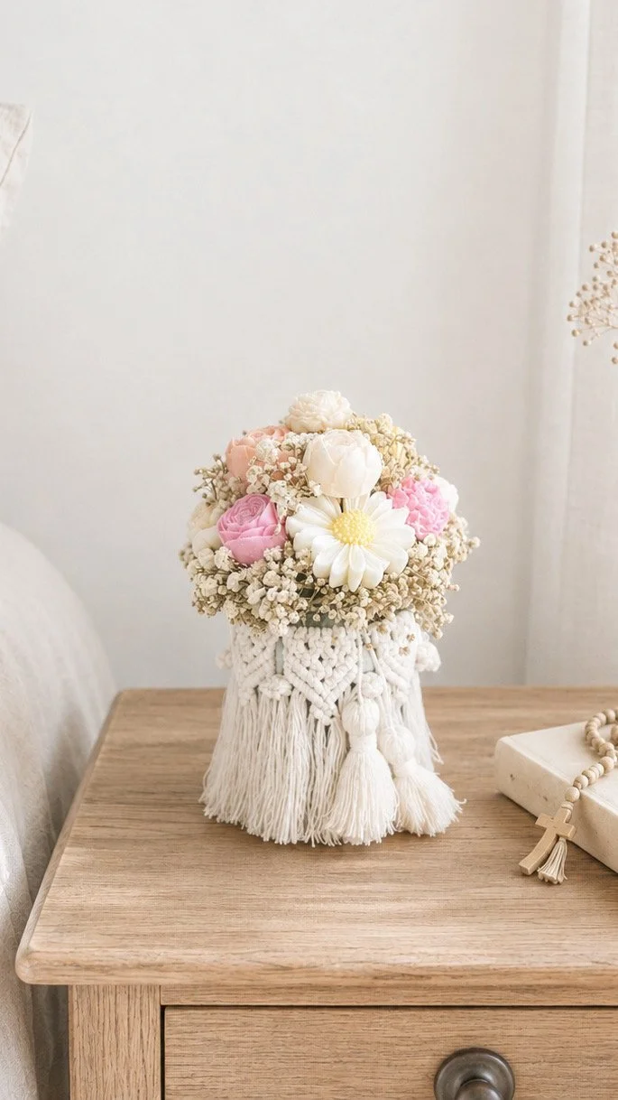 Ramo de flores blancas y rosas en un jarrón de encaje con flecos colgantes sobre una mesa de madera.