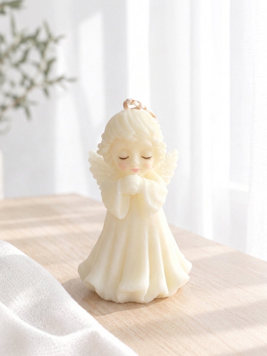 Figura decorativa de un ángel con las manos en posición de oración, de color blanco, en una superficie de madera.