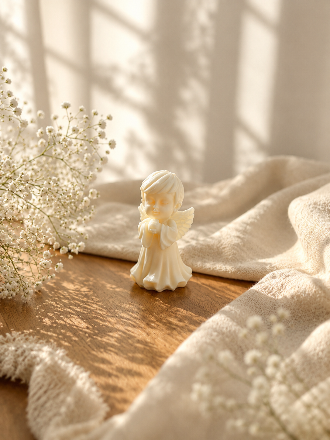 Figura de cera de un ángel con manos en posición de oración, rodeada de flores blancas y tela de encaje, con fondo de cortinas y luz suave.