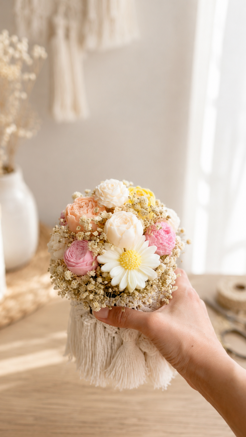 Ramo de flores pequeñas y coloridas, incluyendo margaritas blancas, rosas en tonos rosa y amarillo, y pequeñas flores blancas, en un recipiente de tela con flecos, siendo sostenido por una mano.