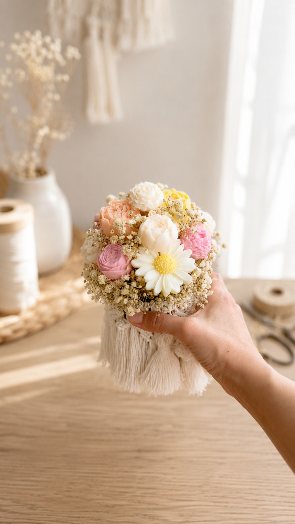 Mano sosteniendo un ramo de flores pequeñas y blancas, con flores rosadas, amarillas y blancas, en un jarrón de tela con flecos, en un ambiente de decoración claro y luminoso.