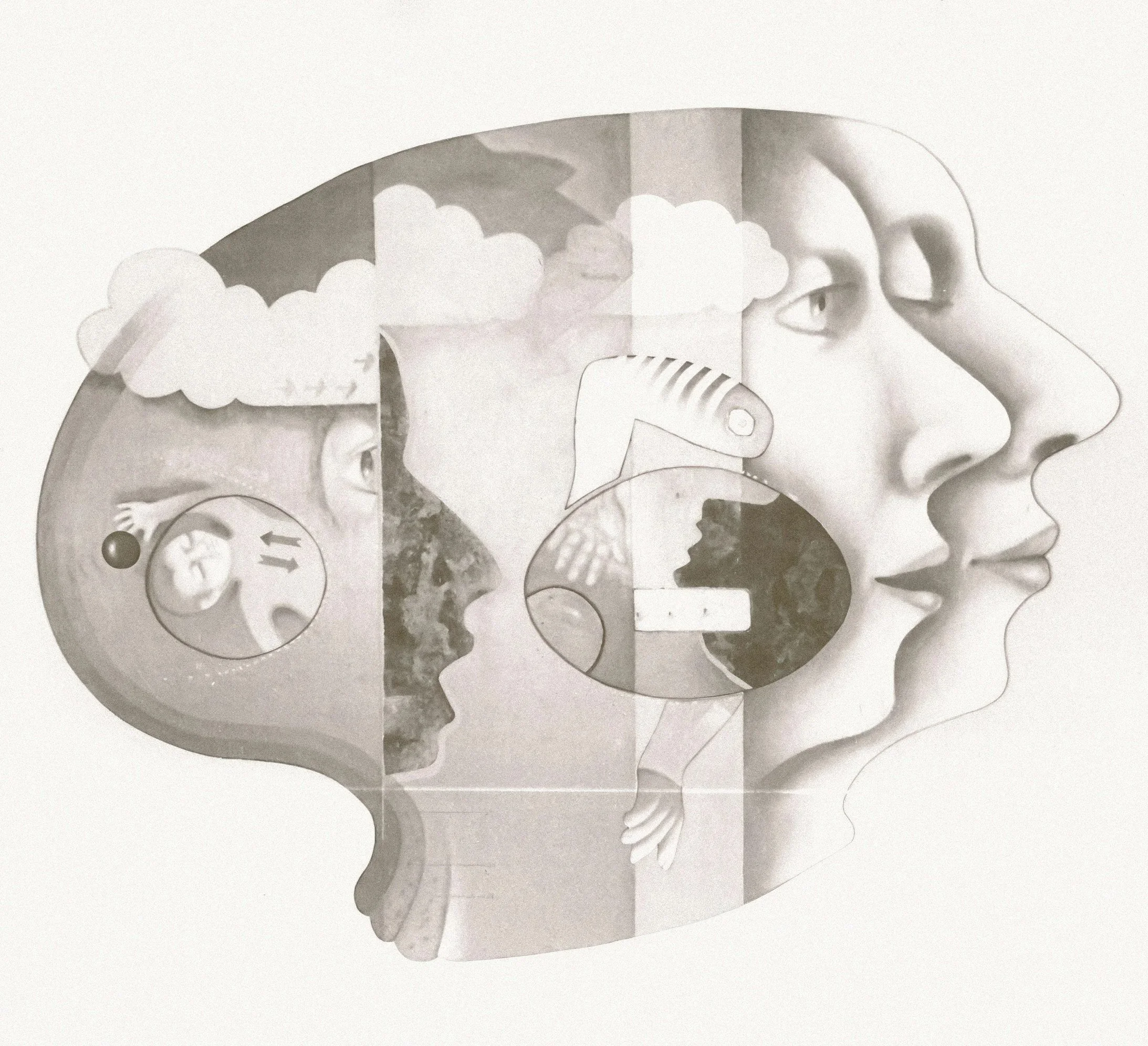 A black and white image of a paper cutout of a human face with various motifs such as clouds and clocks integrated into it.