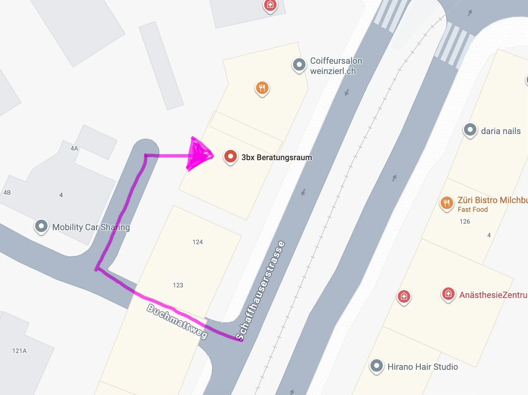 Anfahrtskarte zum 3bx Beratungsraum an der Schaffhauserstrasse 125 in Zürich
