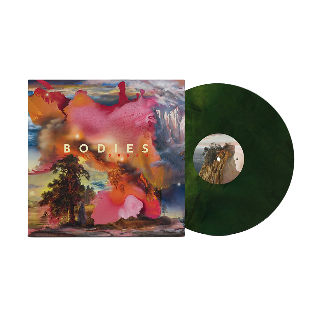 An album cover titled 'Bodies' with colorful abstract artwork and a green vinyl record showing a surrealist mountain landscape on its cover.