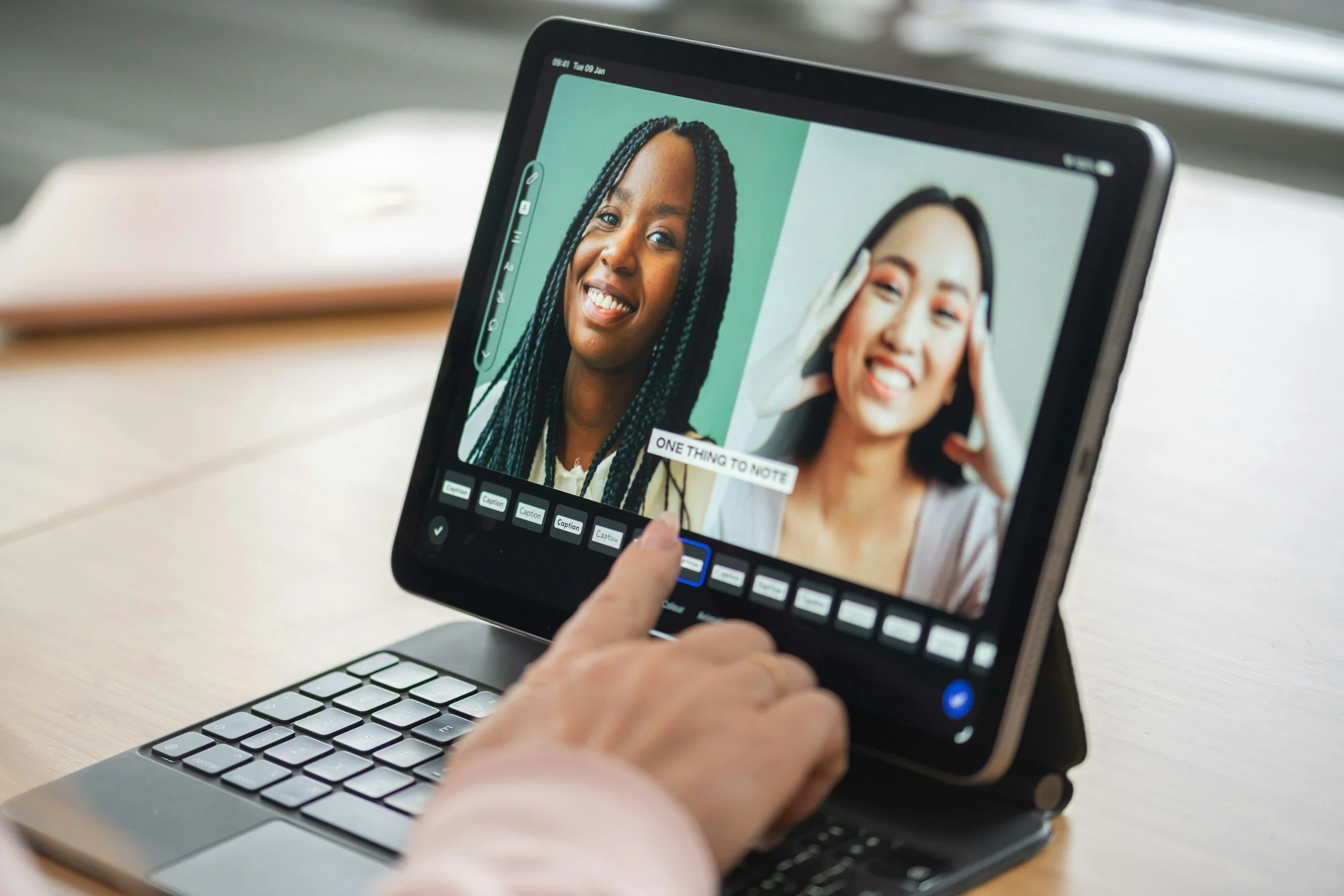 A person wearing a white long sleeve shirt is using a laptop with a touchscreen display to edit a photo of two women, one with braided hair and the other with straight hair, both smiling and wearing makeup. The editing interface has various caption options and editing tools visible.