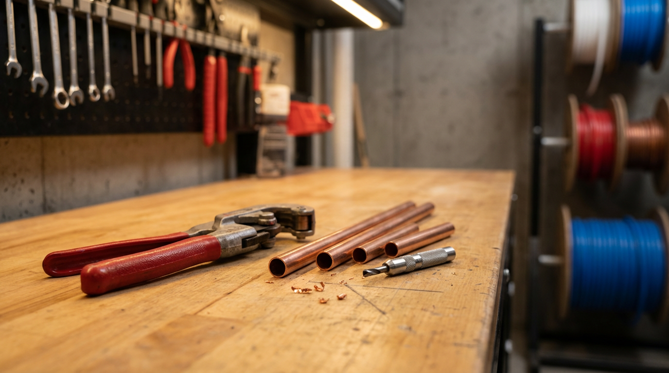 Copper pipes, pipe cutter, drill bit, and small copper scraps on a wooden workbench in a workshop.