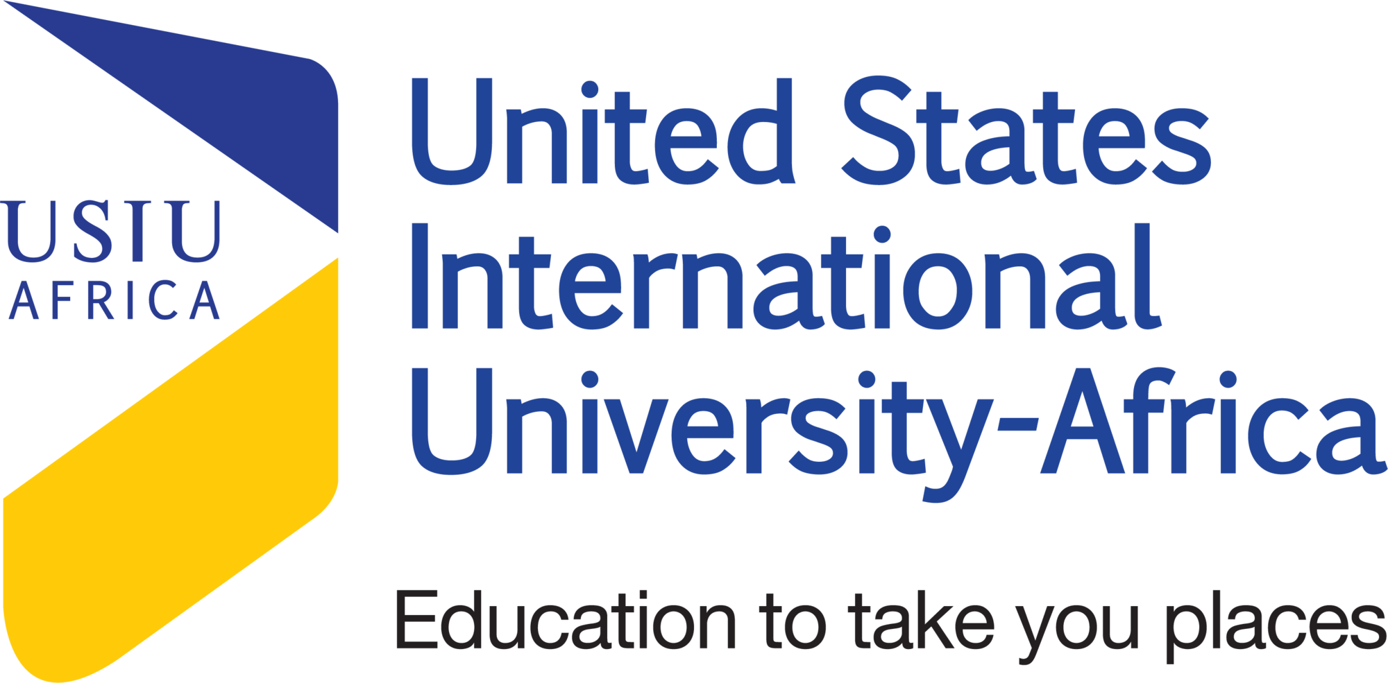 Logo of United States International University-Africa with blue and yellow geometric shapes, and the slogan 'Education to take you places'.