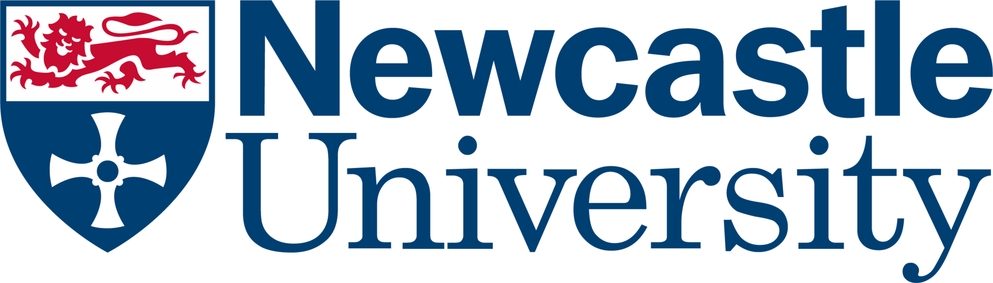Logo of Newcastle University featuring a red lion and a white cross on a blue shield, with the university's name in large blue letters.