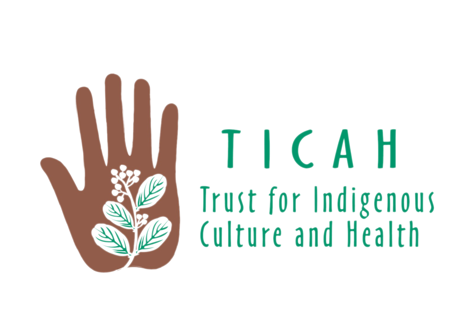 A graphic with a brown hand and green leaves, accompanied by text that says "TICAH Trust for Indigenous Culture and Health."