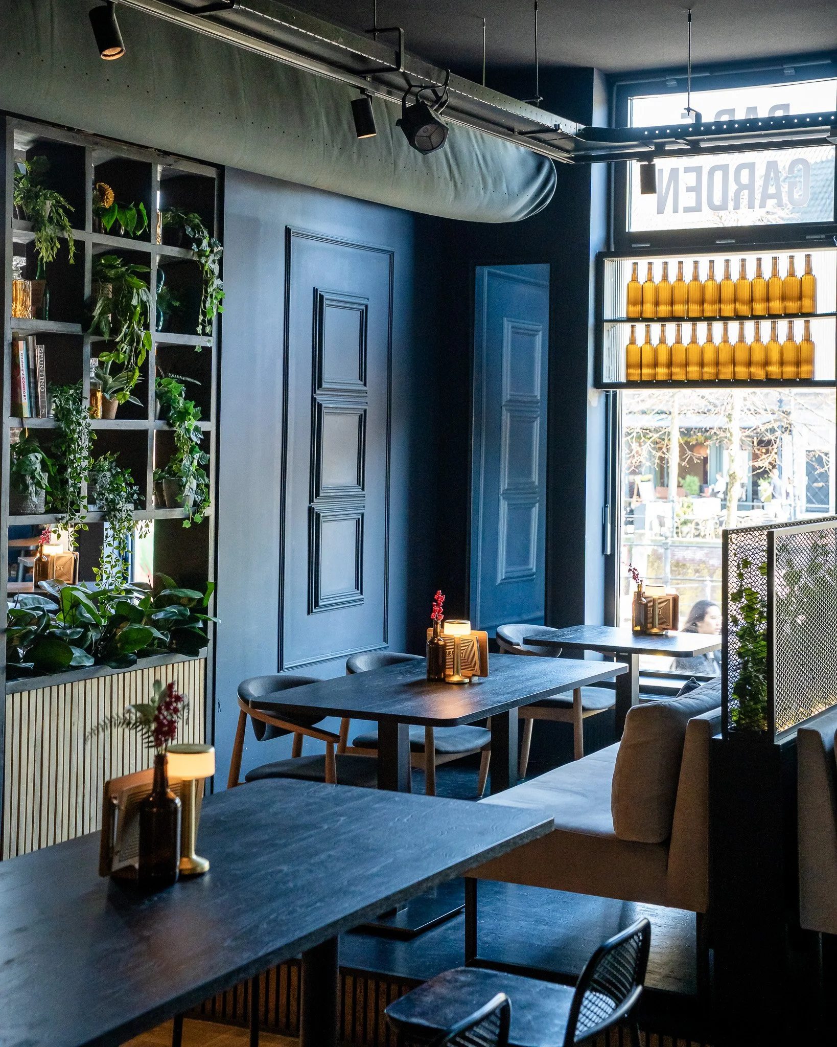 Inside a modern cafe with dark blue walls, wooden tables, chairs, and shelves with plants, amber bottles, candles, and a large window with sunlight outside.