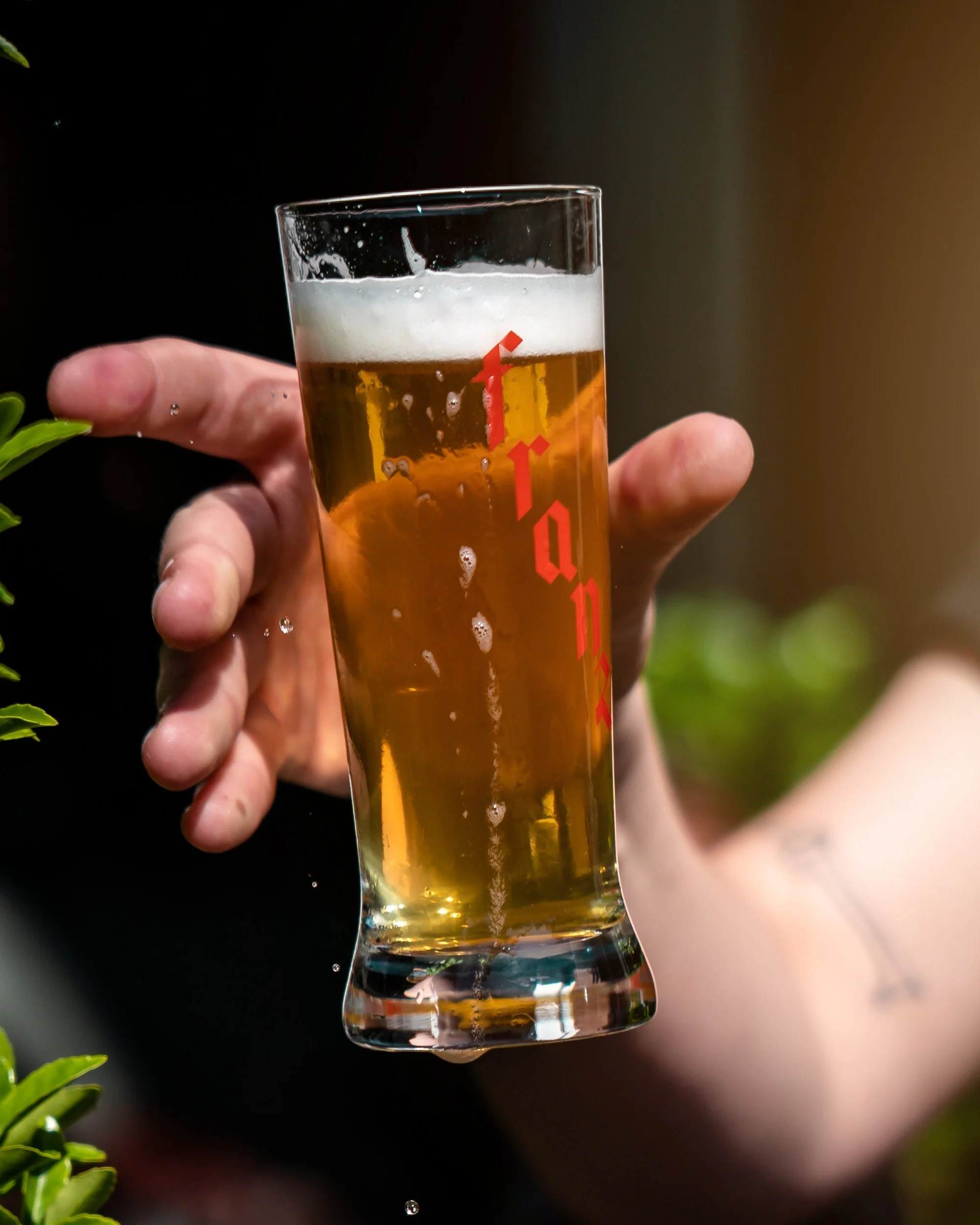 Hand holding a beer glass with foam