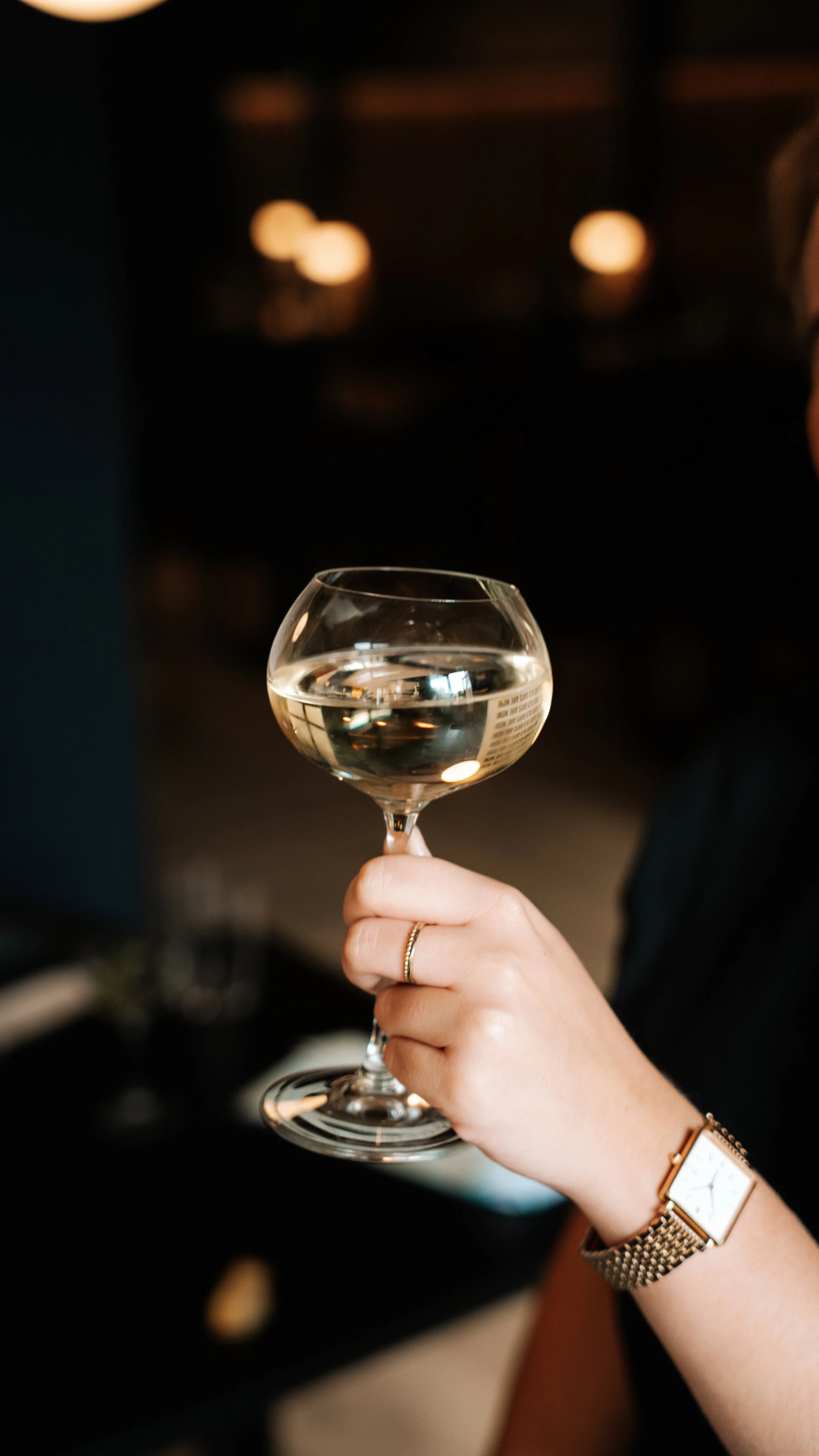 A person holding a wine glass filled with a clear beverage in a dimly lit environment.