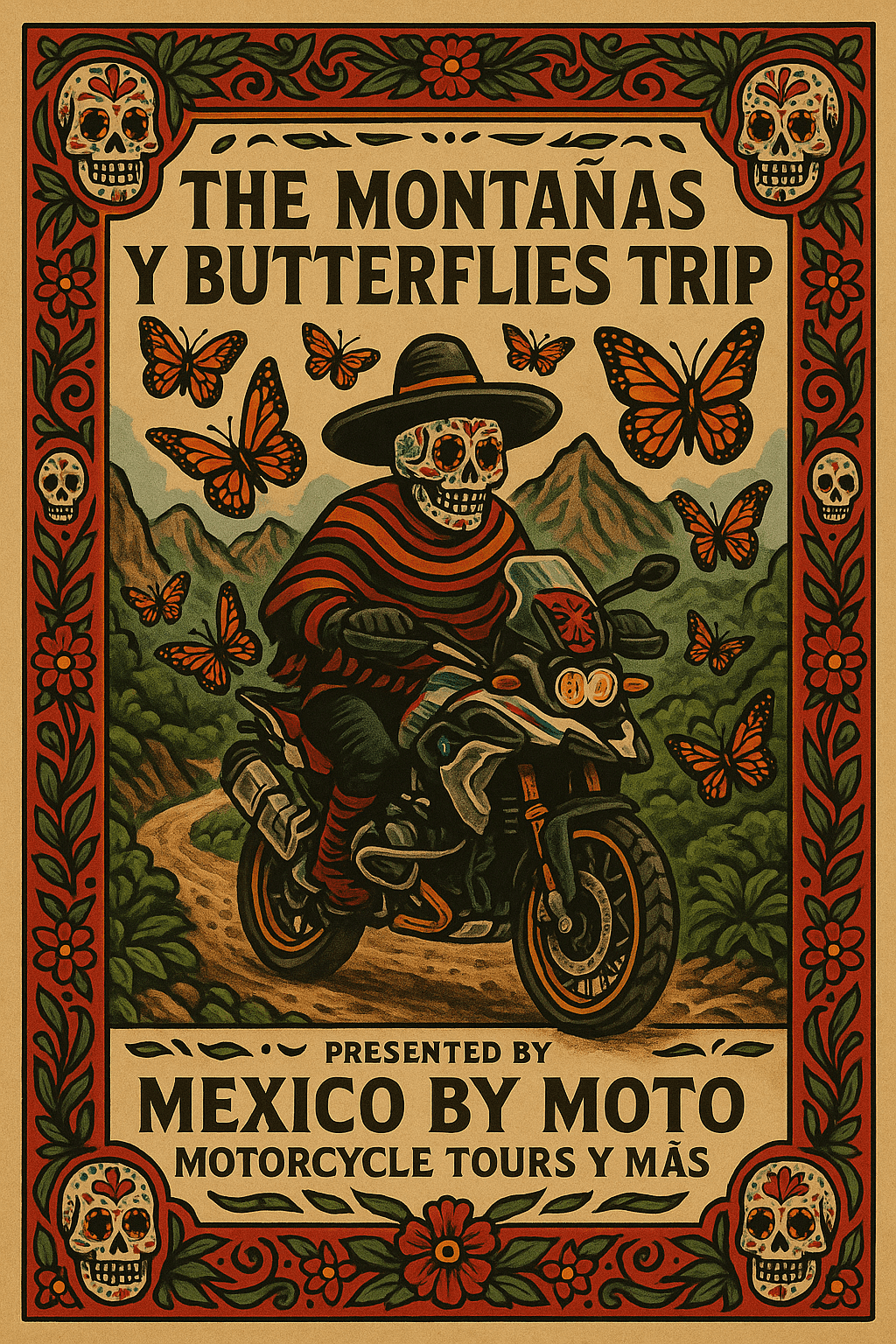 A colorful poster for a motorcycle trip titled 'The Montañas y Butterflies Trip', featuring a skeleton wearing a wide-brimmed hat and striped clothing riding a motorcycle through a scenic mountain landscape, surrounded by butterflies and decorated with skulls and floral motifs.