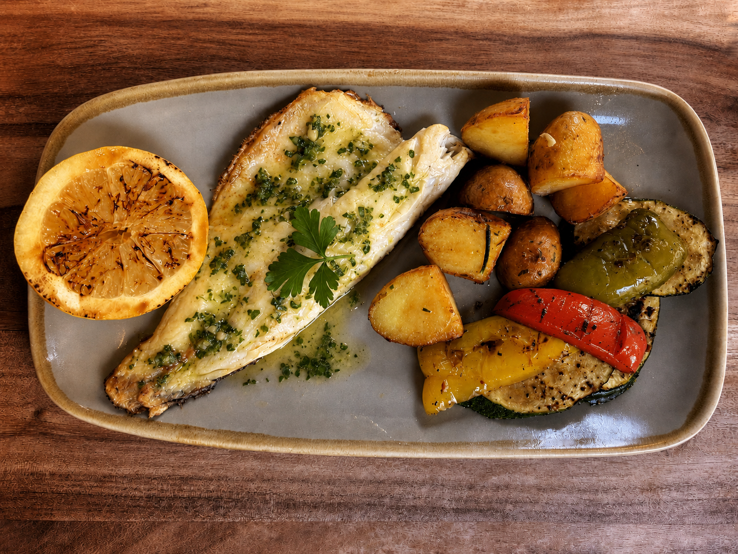 Grilled fish fillet with herbs, roasted potatoes, grilled vegetables including zucchini, bell peppers, onions, and a lemon half on a gray plate.