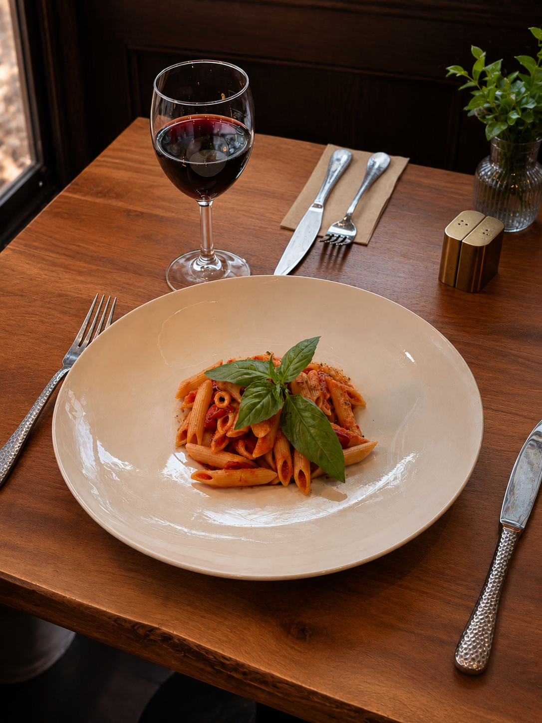 A plate of penne pasta with tomato sauce and basil garnish on a wooden table alongside a glass of red wine, silverware, a plant, and salt and pepper shakers.