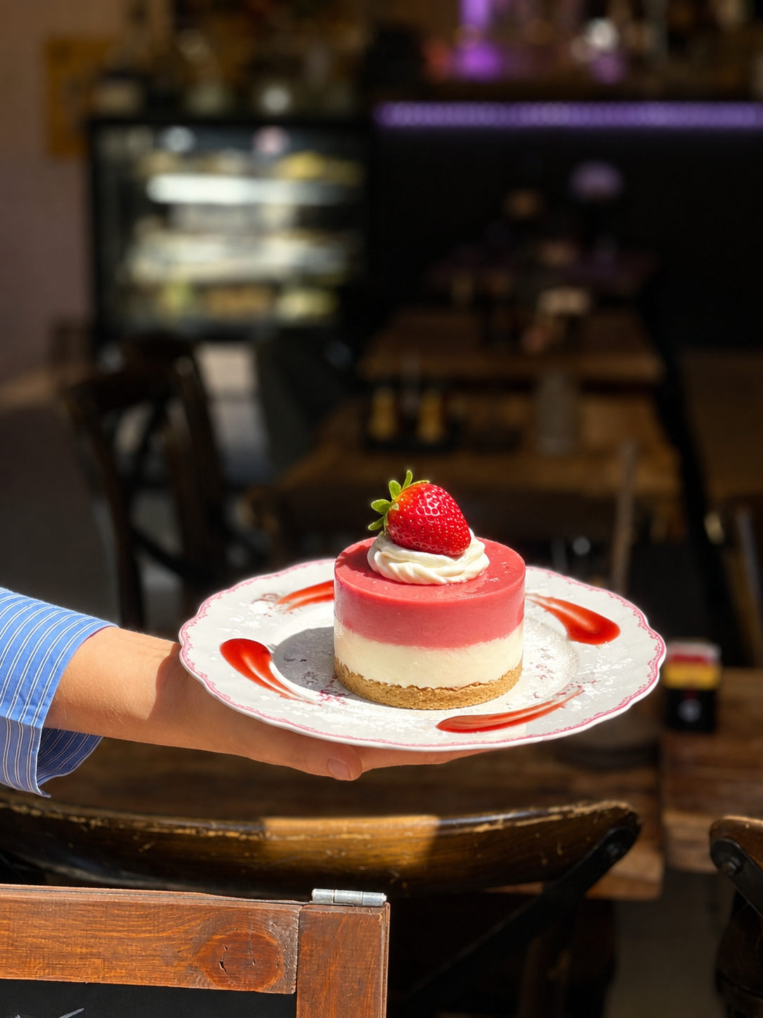 A person in a blue striped shirt holding a white plate with a strawberry-topped cheesecake garnished with red sauce, in a Cafe or restaurant setting.