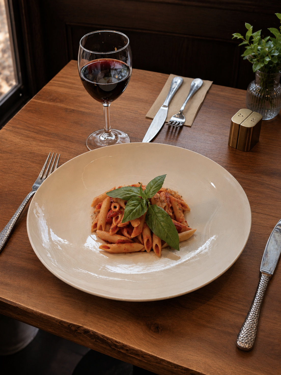 A plate of penne pasta with tomato sauce and fresh basil leaves, a glass of red wine, a fork on the right, a knife and fork on a napkin in the center, and a small plant and salt and pepper shakers on a wooden table.