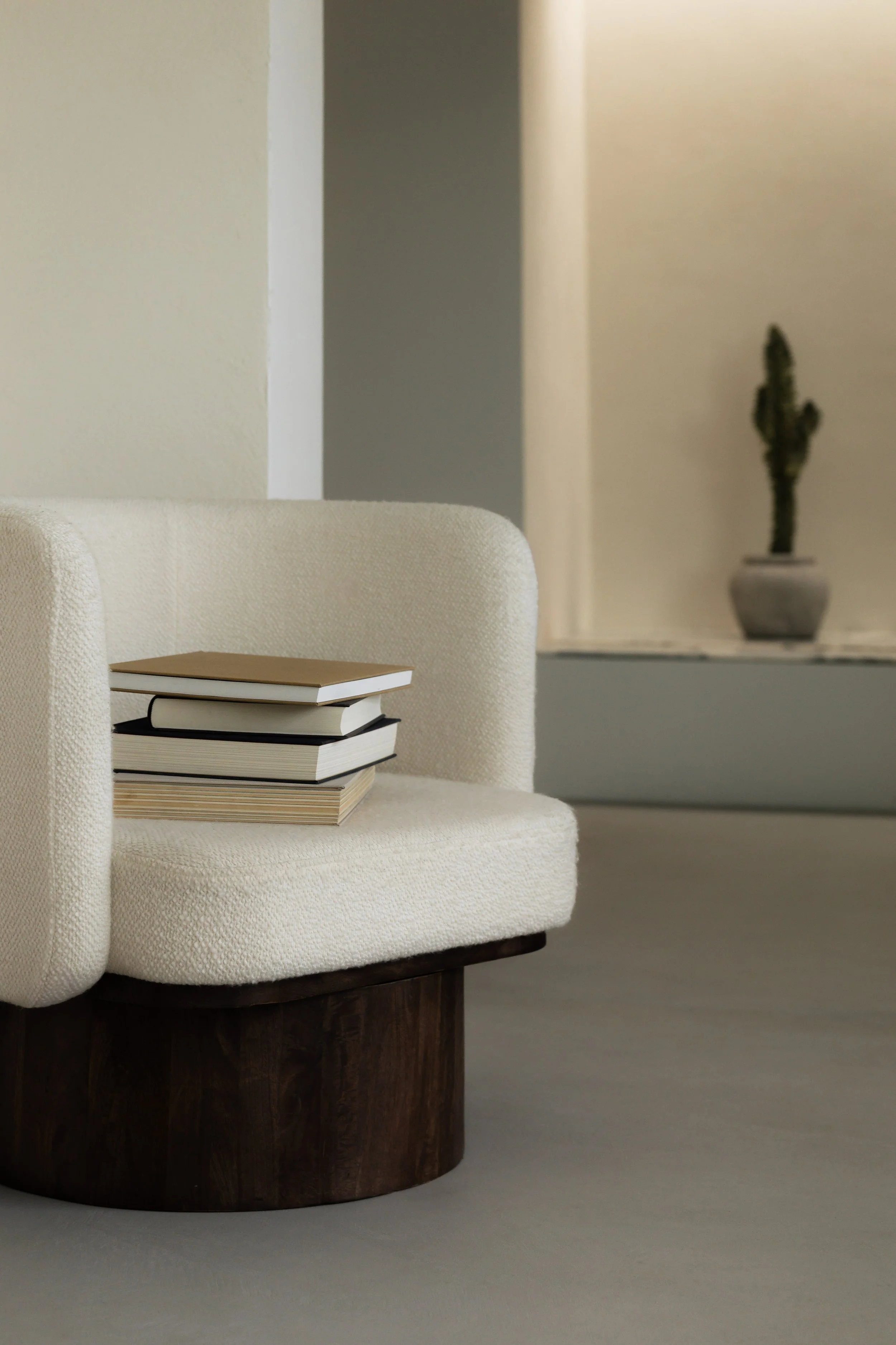 A white upholstered armchair with a dark wooden base, with a stack of four books resting on the seat. In the background, a potted cactus is placed on a ledge against a neutral wall.