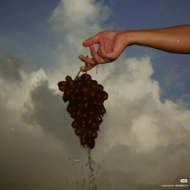 A human hand holding a bunch of red grapes against a cloudy sky